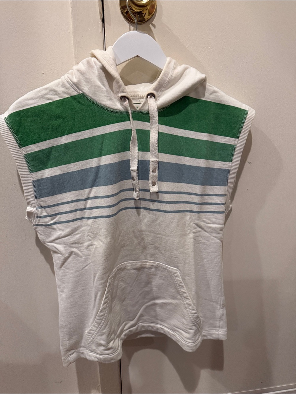 next White Hoodie Sleeveless Top with Green and Blue Stripes